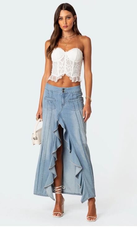 Edikted Dresses & Skirts - Edikted Valencia Ruffle Slitted Denim Maxi Skirt Small (new with tags)